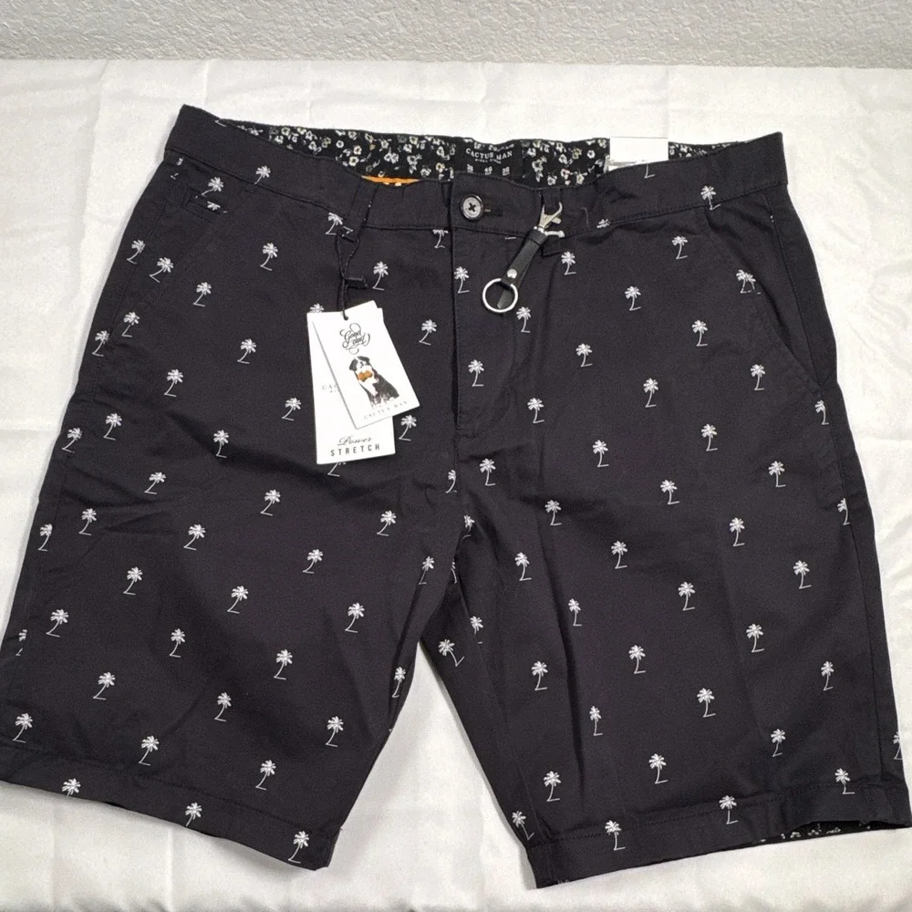 Cactus Man Ricky Singh Navy Palm Tree Print Stretch Chino Shorts Pockets
